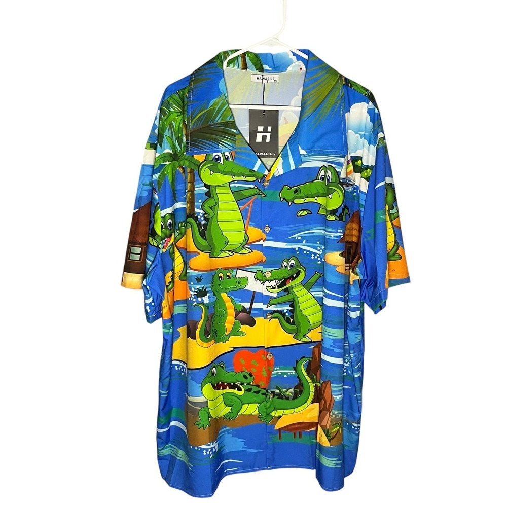 Hawalili NWT Men's Short Sleeve Alligator Beach Hawaiian Button Up Shirt 4XL‎